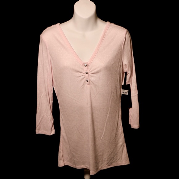 Guess Blush V-Neck Top with Button Accent - Picture 1 of 3